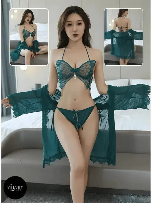 3 Piece Butterfly Lace Lingerie Set with Sheer Robe